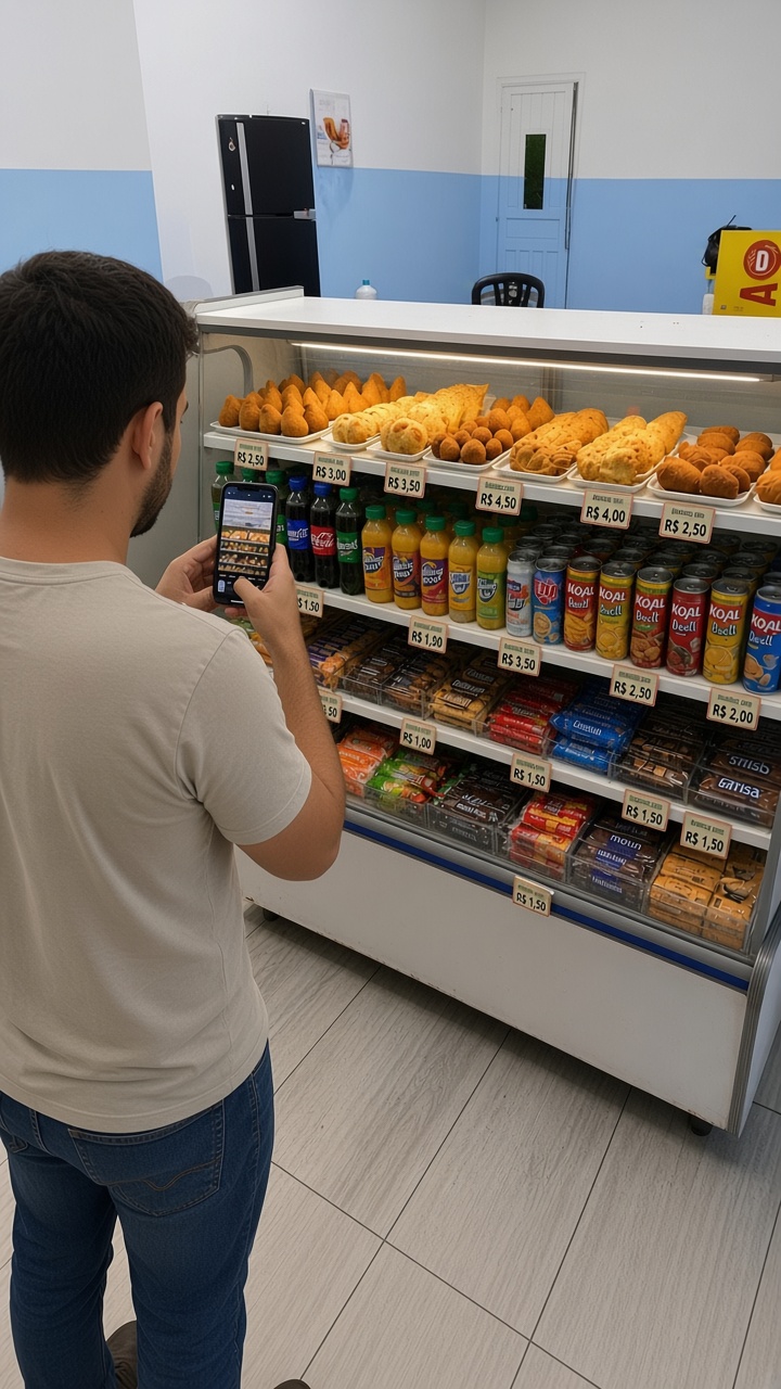 Lojista fotografando o proprio balcao com o celular